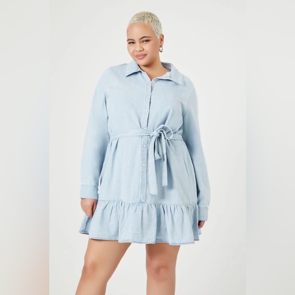 Plus Size Denim Flounce Shirt Dress